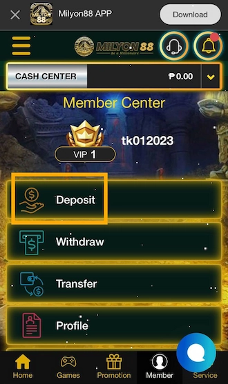 Step 1: MILYON88 app login and log in to your betting account. Then select "Deposit".