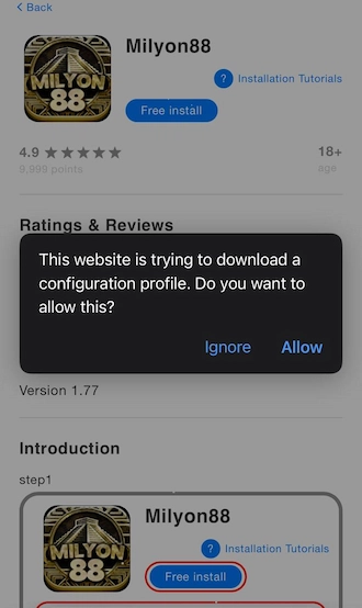 Step 2: Players, please click on “Free install”. Then the phone will display a notification that the website is trying to download a profile, click “Allow”.