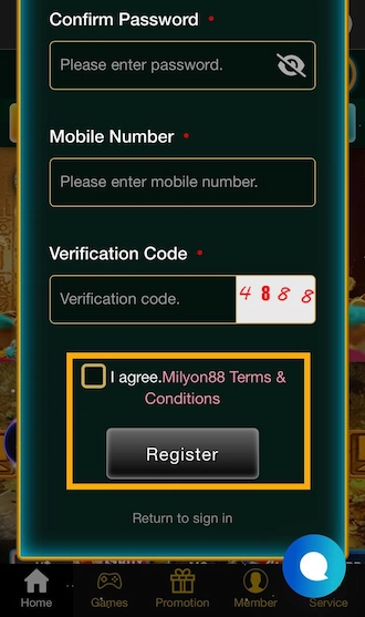 Step 3: Agree to the terms, conditions of MILYON88 and click "Register"